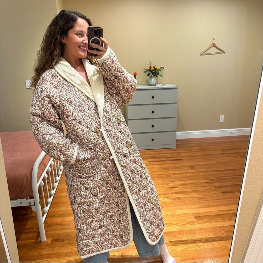 Xirena White Floral Reversible Pink Quilted Long Line Coat Jacket XL - Picture 4 of 12